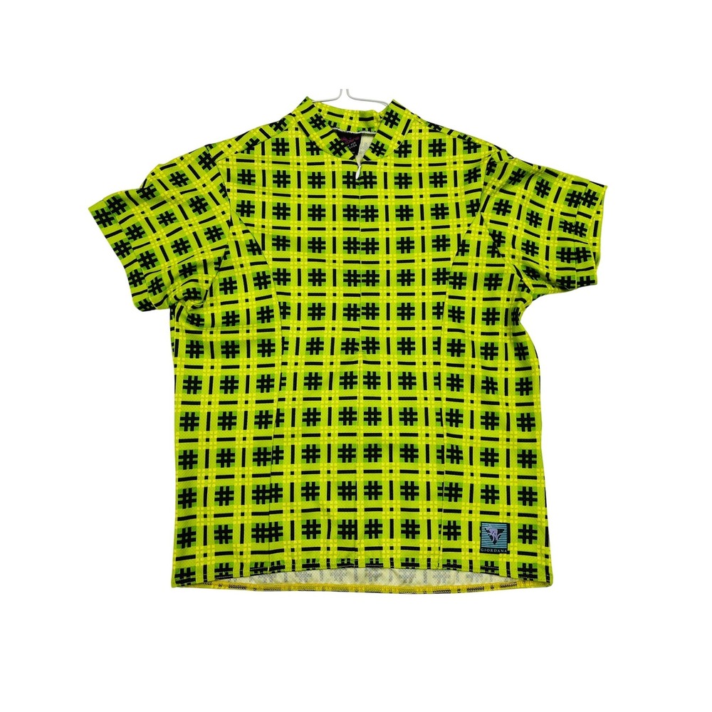 Giordana Cycling Jersey Women L Neon Yellow Black Grid Italy Pockets Athletic